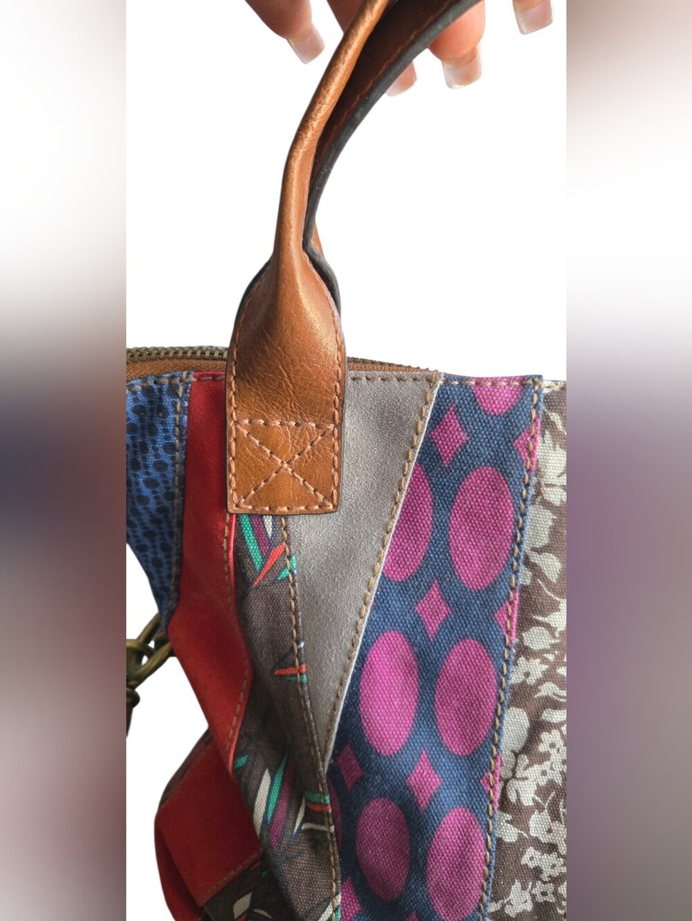 Fossil Patchwork Tote Crossbody Bag Multicolor Suede Canvas Leather Key Charm - Picture 11 of 16